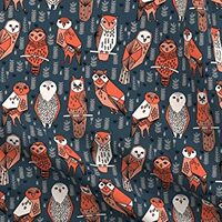 Spoonflower Fabric - Owls Navy Blue Orange Coral Hand Drawn Illustration Owl Bird Pattern Printed on