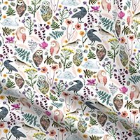Spoonflower Fabric - Birds and Flowers Boho Woodland Watercolor Floral Owl Crow Raven Printed on Pet