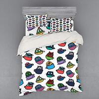 Ambesonne Owls Bedding Set, Funny Owl in a Coffee Tea Espresso Mug Cup Morning Cafe Childish Cheerfu