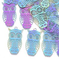 Beadthoven 50pcs 201 Stainless Steel Owl Charm Pendants Rainbow Color Etched Metal Embellishments Ho