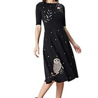 eShakti FX Owl and Floral Vine Embroidered Cotton Jersey Dress 4X-28W Black/Multi