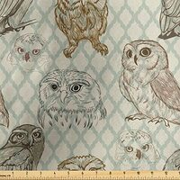 Ambesonne Owl Fabric by The Yard, Cool Looking Owls Different Shapes and Sizes Drawing Style Sketch 
