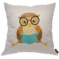 EKOBLA Brown Owl Throw Pillow Cover Reading The Book Forest Funny Bird with Glasses Cozy Square Cush
