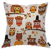 EKOBLA Lovely Owls Throw Pillow Cover with Hat Thanksgiving Autumn Themed Branches Costume Pumpkin C