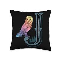 Barn Owl Drawing with Monogram Letter J Throw Pillow