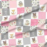 Spoonflower Fabric - Pink Girls Woodland Cheater Quilt Little Patchwork Style Forest Owl Printed on 