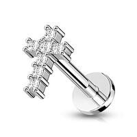 Pierced Owl 16G Stainless Steel Internally Threaded CZ Crystal Paved Cross Top Flat Back Lip Cartila