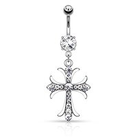Pierced Owl 14G 316L Surgical Steel Celtic Cross with Paved Gems Dangling Belly Button Ring (Silver 