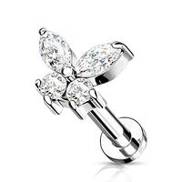 Pierced Owl 16G Stainless Steel Internally Threaded CZ Crystal Butterfly Top Flat Back Lip Cartilage