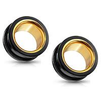 Pierced Owl Black Stainless Steel with Gold PVD Interior Double Flared Tunnel Plug Gauges, Sold as a