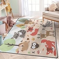 ALALAL Cartoon Forest Animals Area Rug, Cute Woodland Deer Rabbit Bear Fox Owl Bird Rugs for Nursery