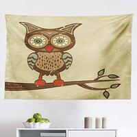 Ambesonne Owl Tapestry, Owl Sitting on Branch Eyesight Animal Humor Pastel Retro Modern Graphic, Fab