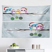 Ambesonne Christmas Tapestry, Owl Family on Tree Branch Celebration Holly Jolly Season New Year Wint
