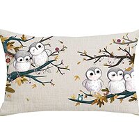 WENIANRU Ink Painting Watercolor Grey Lovely Owl Green Brown Branch Home Sofa Chair Bed Decoration L