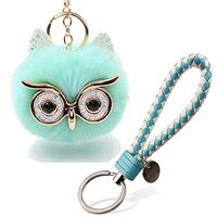Houhaisu Pom Pom Owl Keychain Artificial Fur Ball Key Chain for Women Fluffy Accessories Car Bag Cha