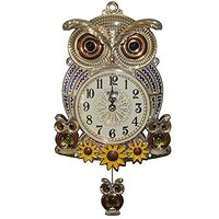 Owl Pendulum Wall Clock Inset with Rhinestone Wall Clock Non-Ticking Wall Clock Silent Battery Operated Pendulum Wall Clock for Home/Office/School/Kitchen/Bedroom/Living Room (Blue)