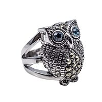 Owl Ring for Women, Nordic Viking Owl Head Ring Blue Crystal Owl Skull Ring Women’s Punk Owl B