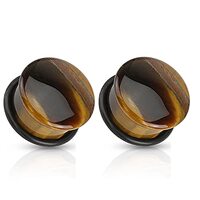 Pierced Owl Semi Precious Tiger Eye Domed Single Flare Plugs with O-Ring, Sold as a Pair (16mm (5/8&