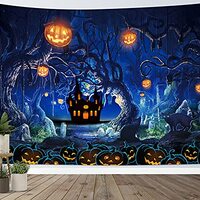 EOBTAIN Halloween Tapestry Wall Hanging Haunted Castle with Pumpkin Lanterns Black Cat Owls in Horro
