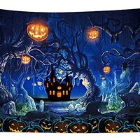 EOBTAIN Halloween Tapestry Wall Hanging Haunted Castle with Pumpkin Lanterns Black Cat Owls in Horro
