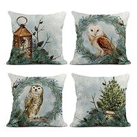 rouihot Set of 4 Linen Throw Pillow Covers 18x18 Inch Winter Owl Christmas Wildlife Home Decor Pillo