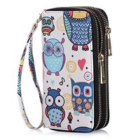 HAWEE Cellphone Wallet for Women Dual Zipper Long Purse with Removable Wristlet, Owl