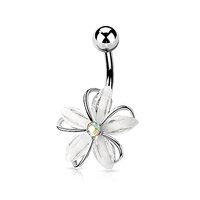 Pierced Owl 14GA Stainless Steel CZ Crystal Centered Wire Set White Flower Belly Button Ring (Silver