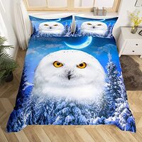 Cute Owl Comforter Cover White Bird Bedding Set for Kids Boys Girls Moon Stars Snow Trees Duvet Cove