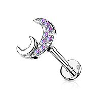 Pierced Owl 16GA Stainless Steel Crystal Paved Crescent Moon Internally Threaded Stud (Silver Tone/A