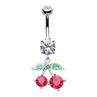 Pierced Owl 14GA Stainless Steel CZ Crystal Dangling Cherry Belly Button Ring (Silver Tone)