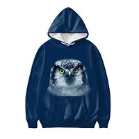 Buybai Blue Owl Hoodies Big Kangaroo Pocket Long Sleeve Hooded Pullover Women's Sweatshirt Size