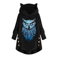 Trendy Hoodies for Women Owl Graphic Print Long Sleeve Buttons Cat Ear Tops Loose Comfortable Plush 