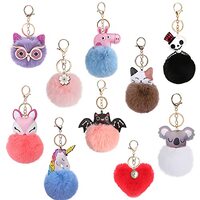 Plzoslly 10pcs Animal Pom Pom Keychain, Cute Fluffy Key Ring, Unicorn, Owl, Koala, Heart, Fox, Bat, 