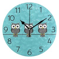susiyo Blue Owl Wall Clock Round Silent Non-Ticking [Battery Operated] Easy to Read Clocks for Home 