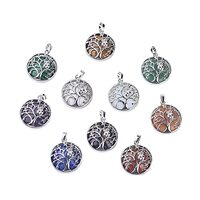 Beadthoven 10pcs Tree of Life with Owl Charms Pendants Mixed Natural Gemstone Pendants Platinum Roun
