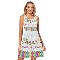 Colorful Owls on a Branch Cloud Over Fence with Flowers Women's Summer Sleeveless Casual Dress,