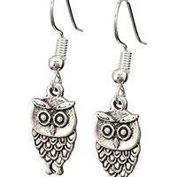 Tiny Owl Charm Earrings, Handmade Antique Silver Wise Bird Boho Dangle Jewelry