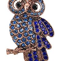 Gyn&Joy Copper Tone Sapphire Blue Colored Rhinestones Branch Owl Bird Brooch Pin
