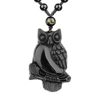 VIKCAUX Owl Necklace Black Obsidian Animal Amulet Protection Pendant with Adjustable Beaded Chain Lu