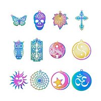 FASHEWELRY 24Pcs Stainless Steel Butterfly Charms Rainbow Skull Owl Spider Web Cross Pendants Multic