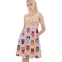 CowCow Womens Leafs Moccasin Owls Knee Length Skater Dress with Pockets - XL