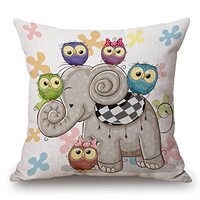 Solekla Throw Pillow Cover Cute Cartoon Elephant and Five Owls on a Flowers Pillow Case Decorative 1