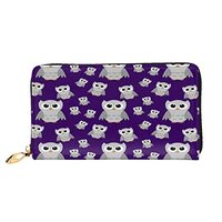 Long Handbag Purse Wristlet Bag Card Holder Wallet-Gray Owls On Purple Leather Wallet For Women Men