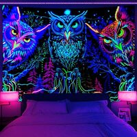 JAWO Blacklight Tapestry UV Reactive, Black Light Trippy Owl Forest Art Poster for Men Room Bedroom 