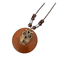 KIFEDSLJ Wooden Pendant Necklace with Owl Leaf Elephant Flower Handmade Vintage Bronze Leaf Long Lea