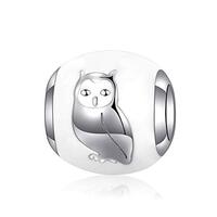 925 Sterling Silver Owl Pattern Bead Charm White Enamel Accessories fit Pandora Bracelet & Neckl