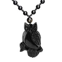 Owl Necklace Natural Obsidia Animal Talisman Protection Pendant with Adjustable Bead Chain Lucky Owl