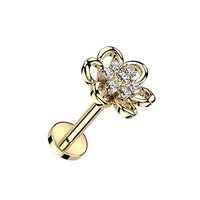 Pierced Owl 16GA 316L Stainless Steel Hollow Flower with CZ Crystal Center Internally Threaded Stud 
