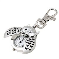 Digital Watch Large Numbers owl Quartz Watch Silver Clock- Key Mini Open Double Ring Metal Women