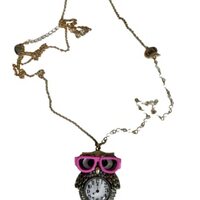 Betsey Johnson Gold Tone Back To Cool Owl & Clock Pendant Necklace Long Chain NWT XMAS GIFT Idea